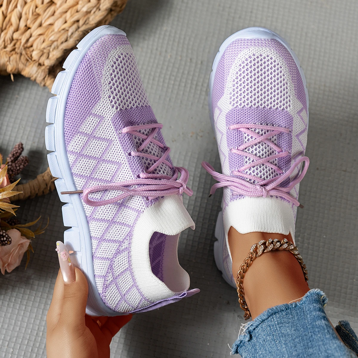 여성용 니트 양말 운동화, 마름모 패턴 통기성 경량 편 - Knit Fabric Lace Up Sneakers 리뷰 및 가격